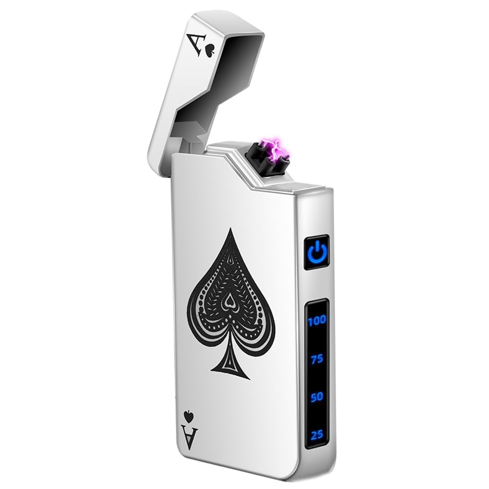LcFun Electric Lighter Rechargeable USB, Dual Arc Plasma Lighter, Windproof Flameless Electronic Lighters, Pocket Metal Lighters with LED Battery Indication for Candles, Camping (Black Ace)