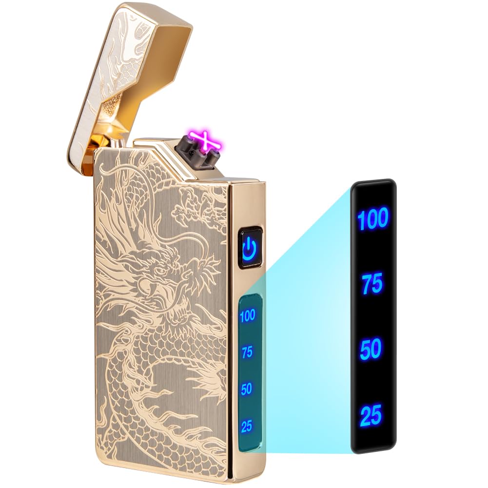 LcFun Electric Lighter Rechargeable USB, Dual Arc Plasma Lighter, Windproof Flameless Electronic Lighters, Pocket Metal Lighters with LED Battery Indication for Candles, Camping (Black Ace)