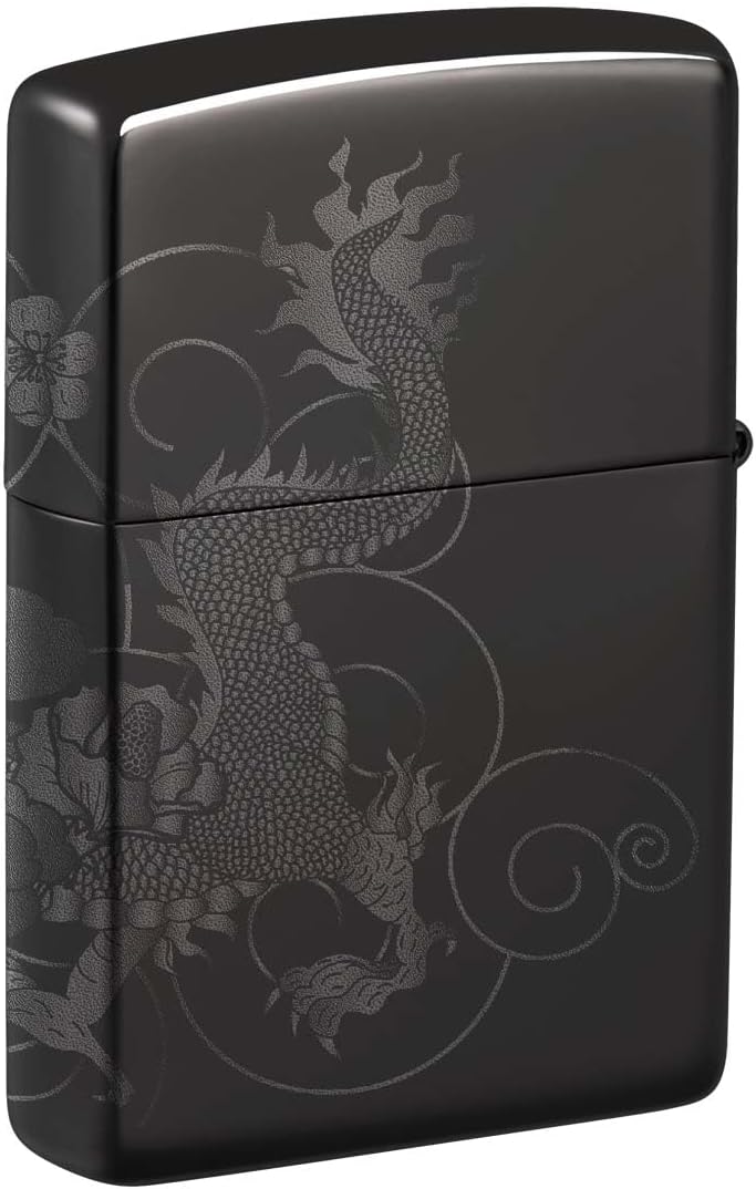 Zippo Lighter: Dragon with Flowers, Photo Image 360 - High Polish Black 81266