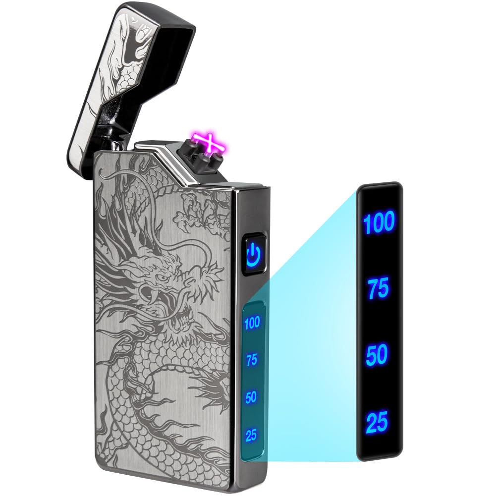 LcFun Electric Lighter Rechargeable USB, Dual Arc Plasma Lighter, Windproof Flameless Electronic Lighters, Pocket Metal Lighters with LED Battery Indication for Candles, Camping (Black Ace)