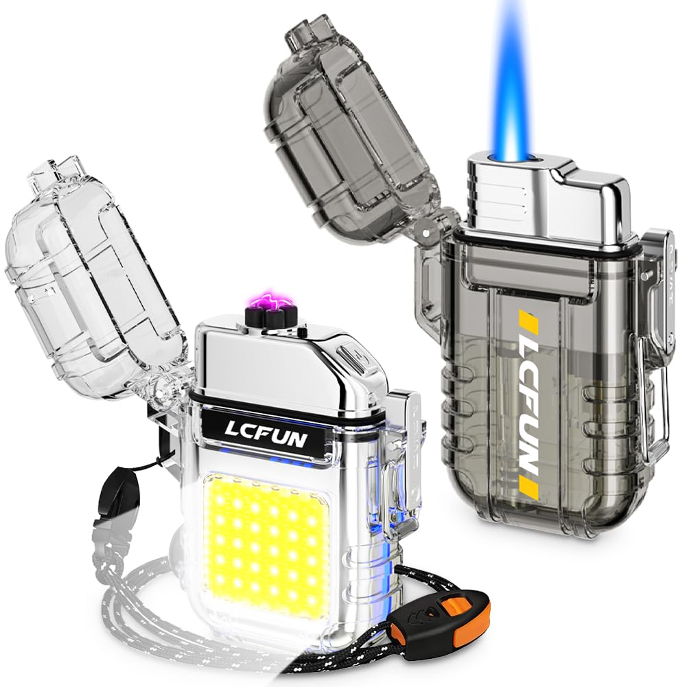 LcFun 2 Pack Waterproof Outdoor Lighter, Windproof Torch Lighters Butane Refillable, Electric Dual Arc Plasma Lighter USB Rechargeable, Tactical Survival Gear Gadgets for Men for Camping, Hiking