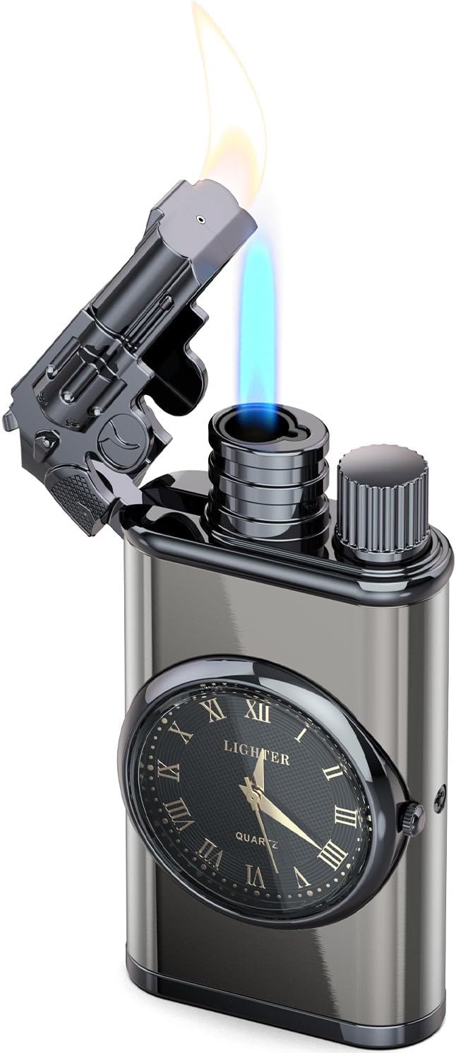 Vintage Gun Pistol Lighter, Cool Watch Lighter for Men, Dual Flame - Soft Flame & Torch Lighter