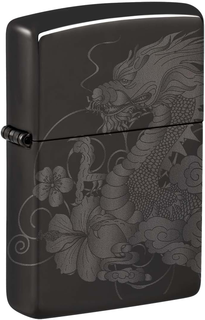 Zippo Lighter: Dragon with Flowers, Photo Image 360 - High Polish Black 81266