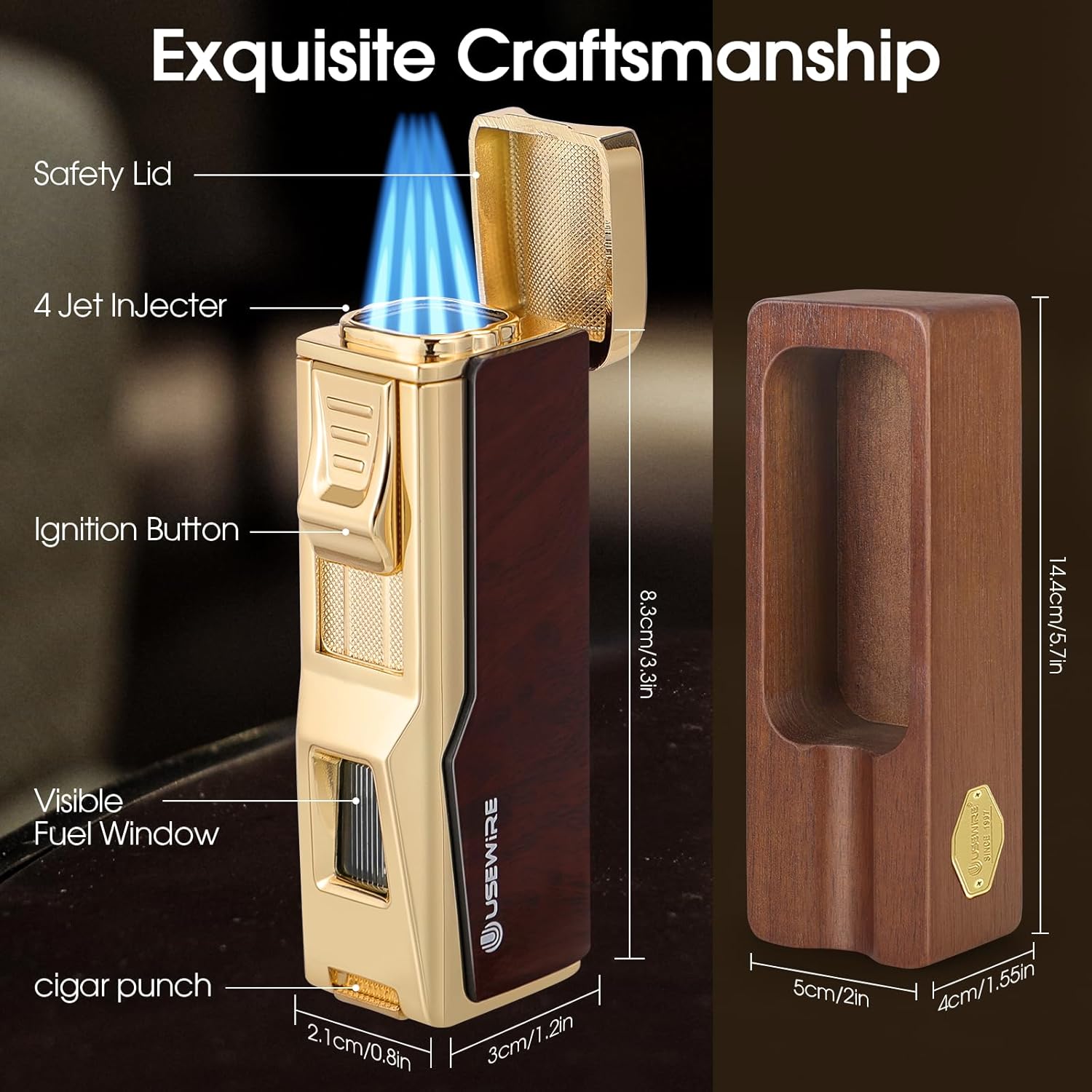 Cigar Lighter and Ashtray Set, Quad Windproof Jet Flame, with Cigar Holder and Cigar Punch, Refillable Butane Gas Lighter, Multifunctional Cigar Accessories Gift Set