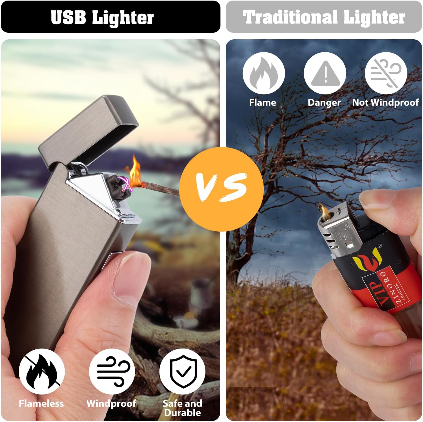LcFun Electric USB Rechargeable Lighter Windproof Flamesless Plasma Dual Arc Lighter Small Metal Pocket Lighters for Candle, Camping Stocking Stuffers Gifts for Men (Nickel Brushed)