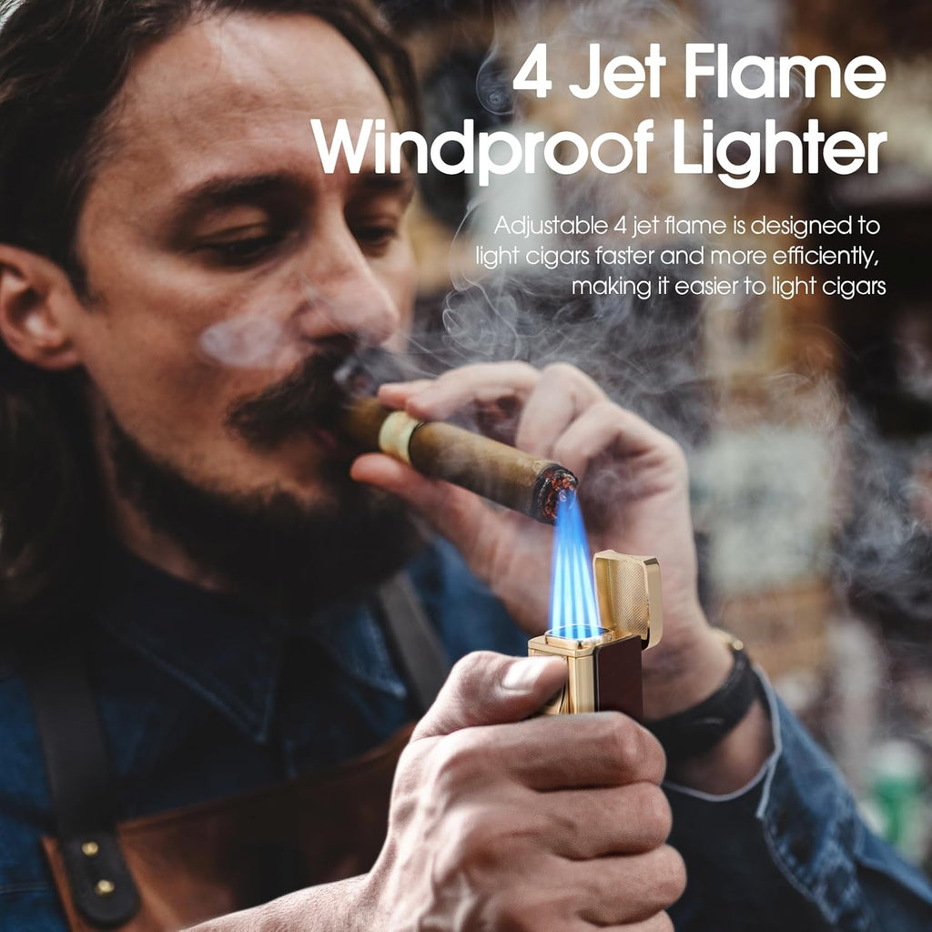 Cigar Lighter and Ashtray Set, Quad Windproof Jet Flame, with Cigar Holder and Cigar Punch, Refillable Butane Gas Lighter, Multifunctional Cigar Accessories Gift Set