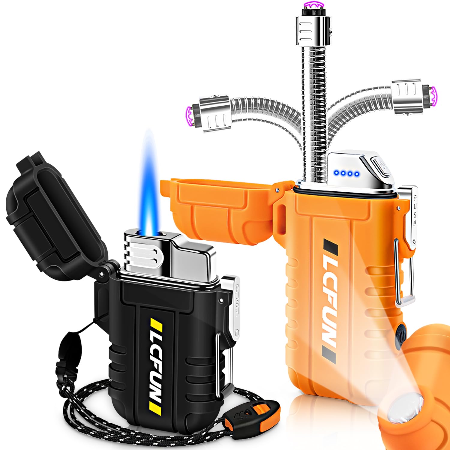 LcFun 2 Pack Waterproof Outdoor Lighter, Windproof Torch Lighters Butane Refillable, Electric Dual Arc Plasma Lighter USB Rechargeable, Tactical Survival Gear Gadgets for Men for Camping, Hiking