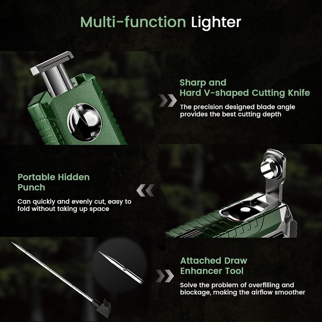 5-in-1 Torch Lighter with Cutter, Punch, Holder, and Draw Enhancer Tool, Triple Windproof Flame, All-in-one Lighter with Multi-Functional Accessory, Refillable Butane Lighter with Gift Box for Men