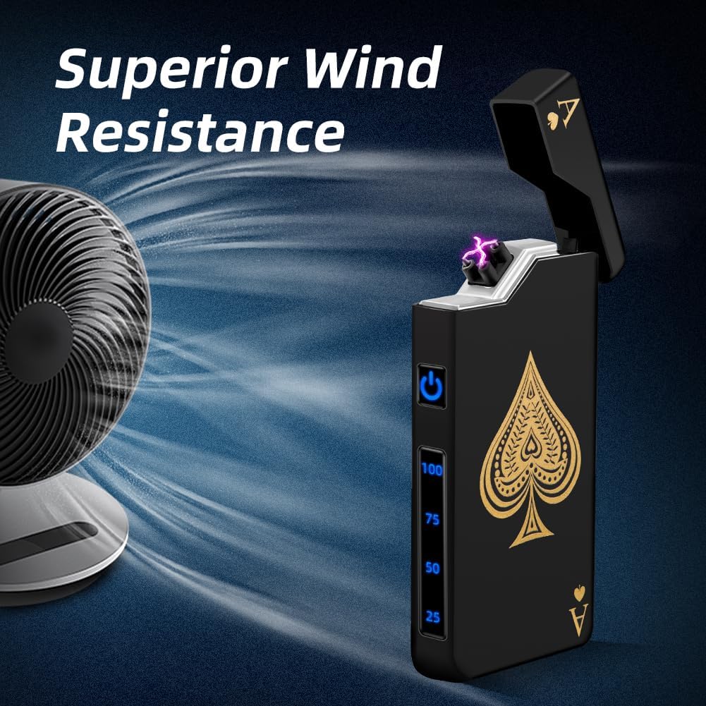 LcFun Electric Lighter Rechargeable USB, Dual Arc Plasma Lighter, Windproof Flameless Electronic Lighters, Pocket Metal Lighters with LED Battery Indication for Candles, Camping (Black Ace)