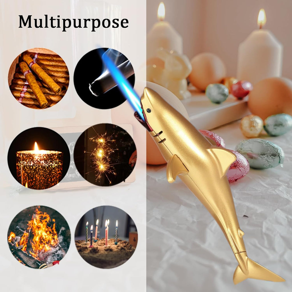 Torch Lighter – Fun Fish Shape Refillable Butane Lighter, Windproof Adjustable Blue Jet Flame Lighter for Outdoor Indoor, Unique Gift for Men & Women (Without Butane)-Gold