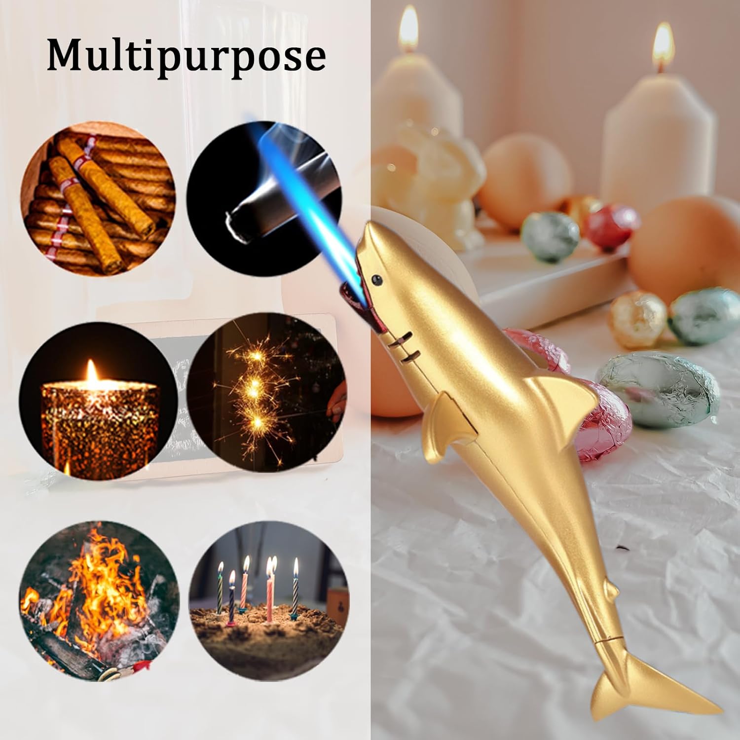 Torch Lighter – Fun Fish Shape Refillable Butane Lighter, Windproof Adjustable Blue Jet Flame Lighter for Outdoor Indoor, Unique Gift for Men & Women (Without Butane)-Gold