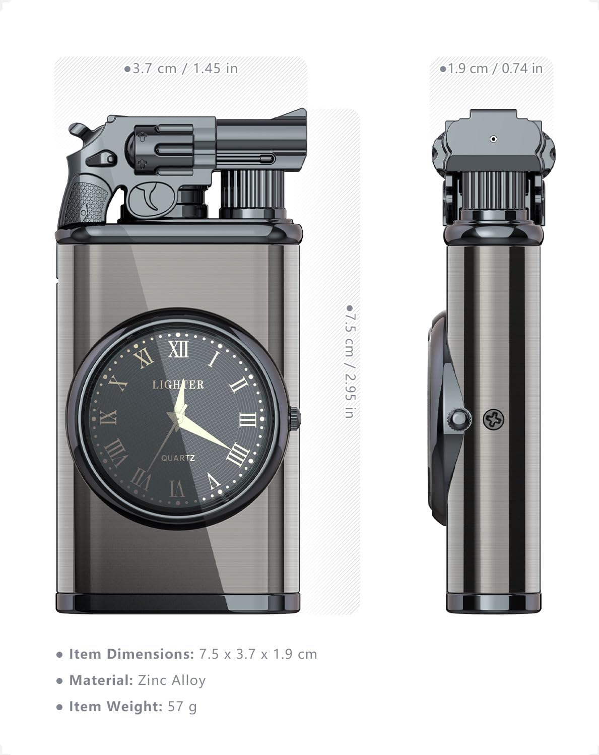 Vintage Gun Pistol Lighter, Cool Watch Lighter for Men, Dual Flame - Soft Flame & Torch Lighter