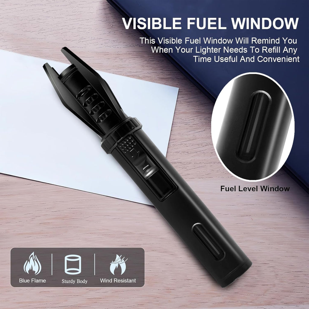 Camping Mini Torch Lighter Small Refillable Butane Lighters Pocket Tactical EDC Windproof Jet Flame with Visual Window for Hiking Survival Kitchen Candle Fireplace Home Party BBQ, 5" (Without Fuel)