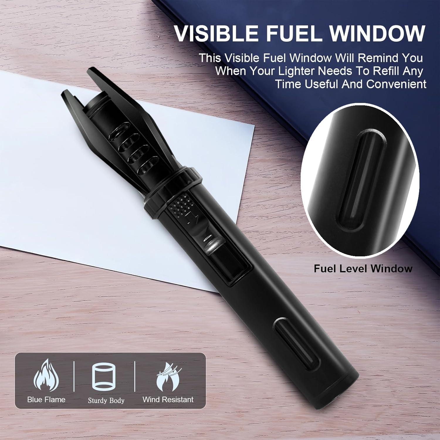 Camping Mini Torch Lighter Small Refillable Butane Lighters Pocket Tactical EDC Windproof Jet Flame with Visual Window for Hiking Survival Kitchen Candle Fireplace Home Party BBQ, 5" (Without Fuel)