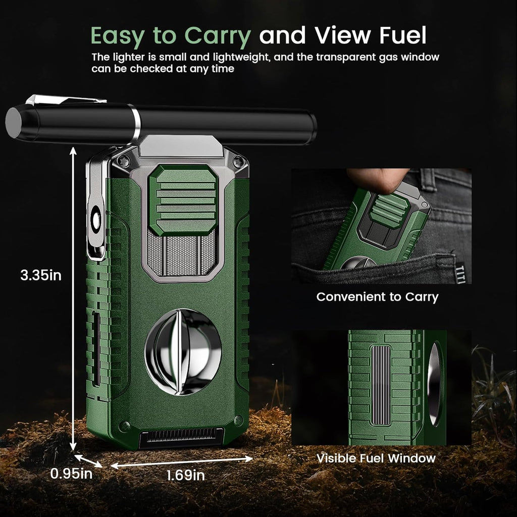 5-in-1 Torch Lighter with Cutter, Punch, Holder, and Draw Enhancer Tool, Triple Windproof Flame, All-in-one Lighter with Multi-Functional Accessory, Refillable Butane Lighter with Gift Box for Men