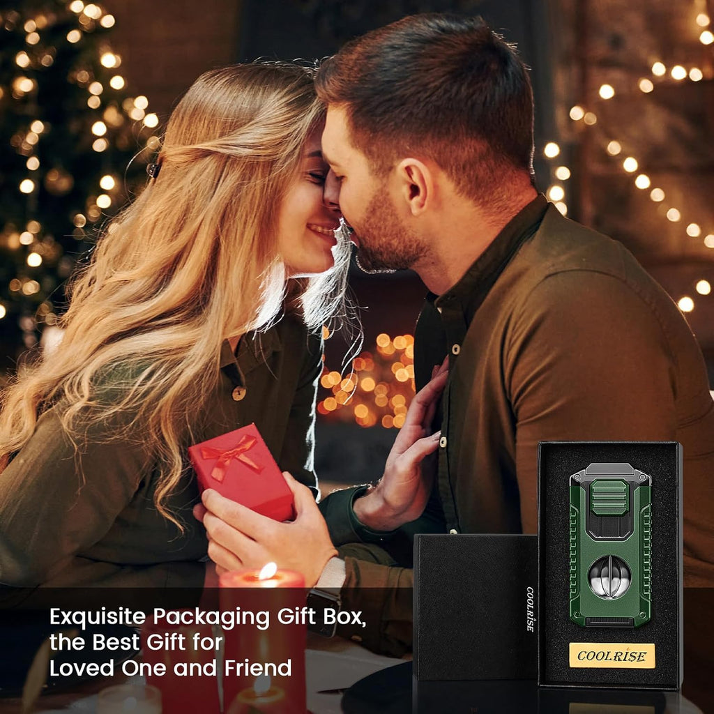 5-in-1 Torch Lighter with Cutter, Punch, Holder, and Draw Enhancer Tool, Triple Windproof Flame, All-in-one Lighter with Multi-Functional Accessory, Refillable Butane Lighter with Gift Box for Men