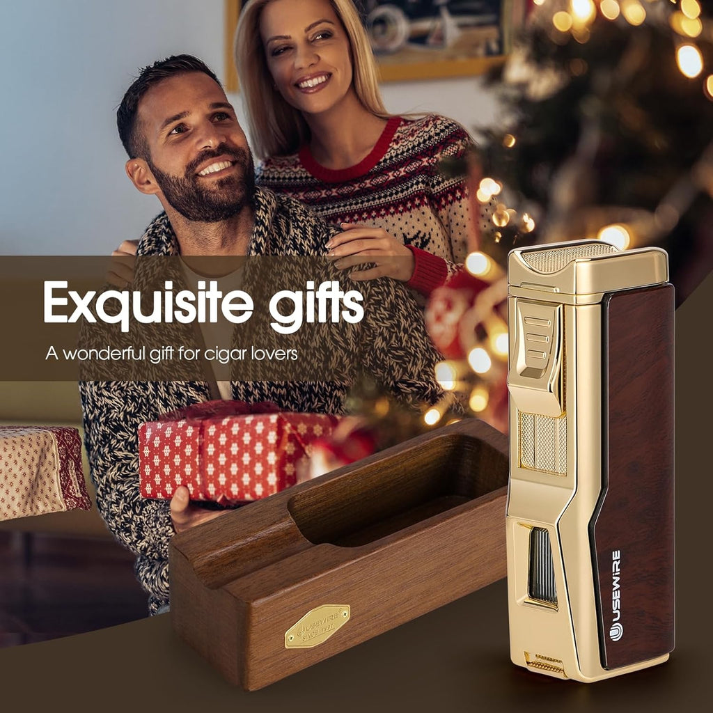 Cigar Lighter and Ashtray Set, Quad Windproof Jet Flame, with Cigar Holder and Cigar Punch, Refillable Butane Gas Lighter, Multifunctional Cigar Accessories Gift Set