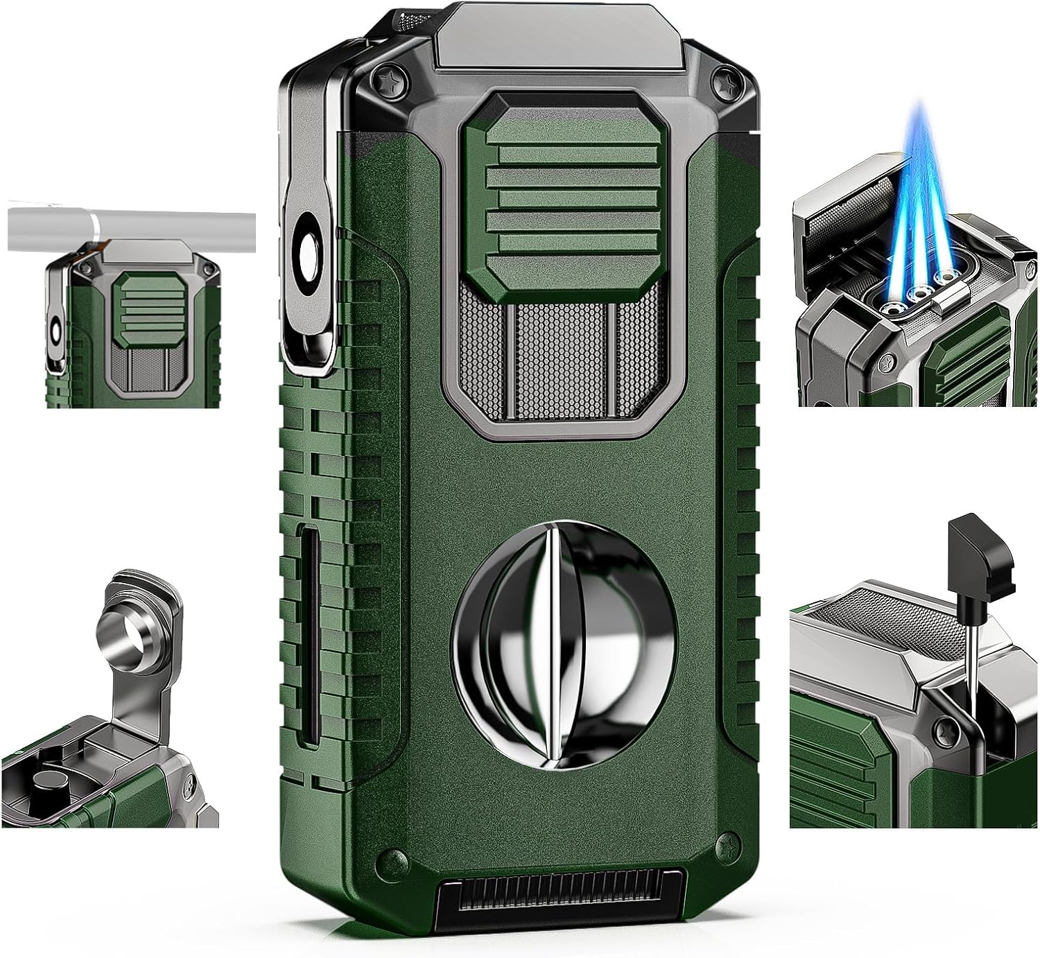 5-in-1 Torch Lighter with Cutter, Punch, Holder, and Draw Enhancer Tool, Triple Windproof Flame, All-in-one Lighter with Multi-Functional Accessory, Refillable Butane Lighter with Gift Box for Men