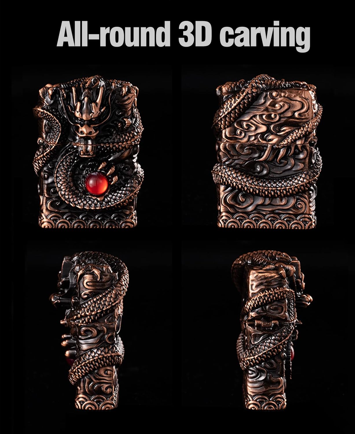 Cool Lighters, Windproof Carving Dragon Antique Lighter, Reusable Kerosene Grinding Wheel Lighter for Collection, Decorative, Gift, Present (Without Fuel) (Bronze)