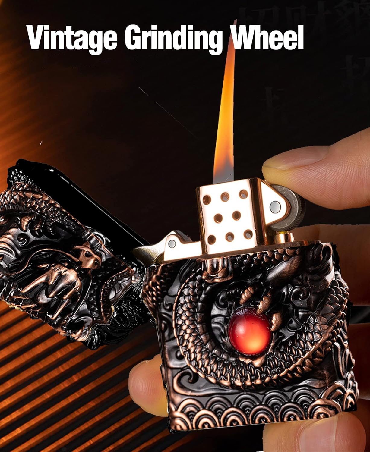 Cool Lighters, Windproof Carving Dragon Antique Lighter, Reusable Kerosene Grinding Wheel Lighter for Collection, Decorative, Gift, Present (Without Fuel) (Bronze)