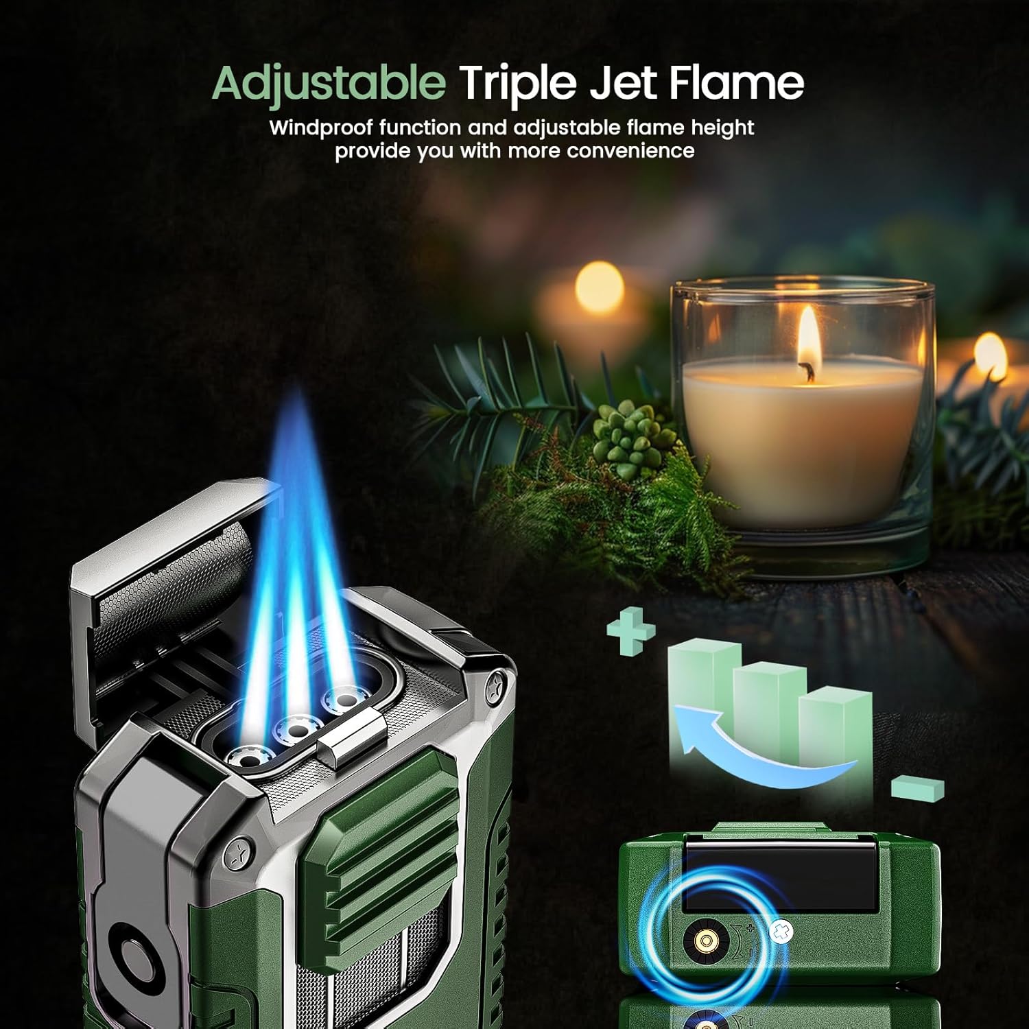 5-in-1 Torch Lighter with Cutter, Punch, Holder, and Draw Enhancer Tool, Triple Windproof Flame, All-in-one Lighter with Multi-Functional Accessory, Refillable Butane Lighter with Gift Box for Men